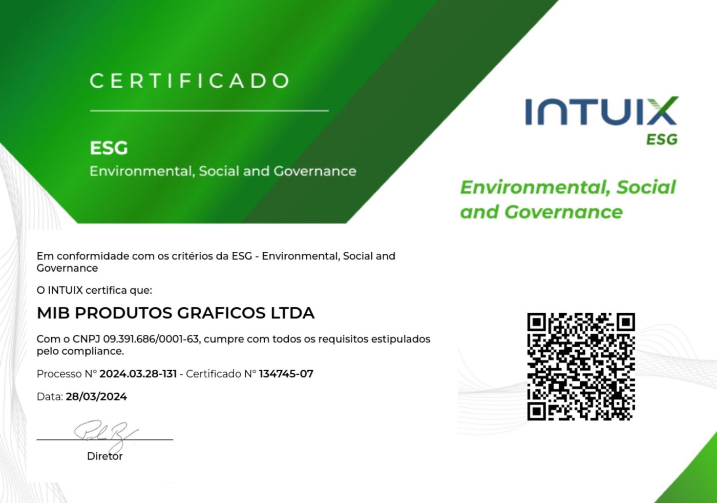Certificado Certificação ESG — MIB Brasil