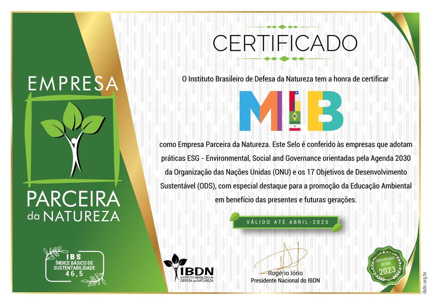 Certificado Empresa Parceira da Natureza — MIB Brasil