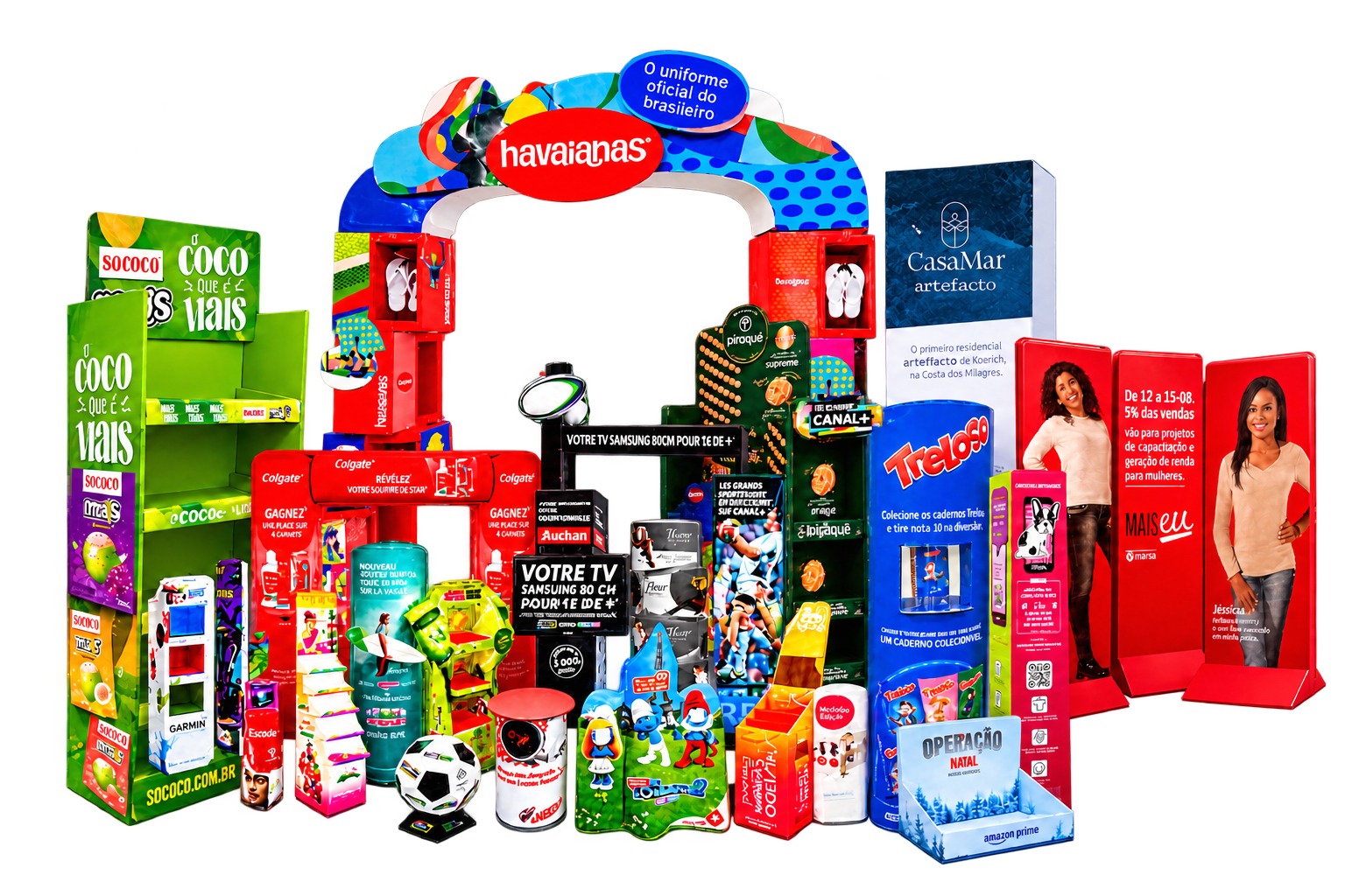 Displays e materiais promocionais produzidos pela MIB Brasil