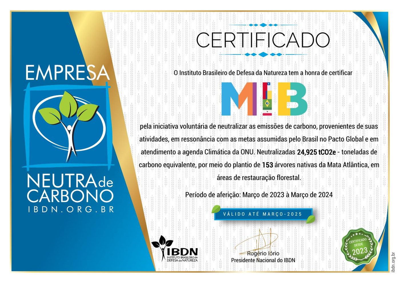 Certificado Neutralização de carbono — MIB Brasil
